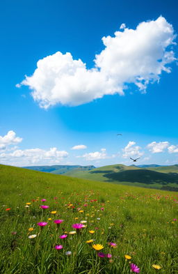 A serene landscape featuring passing fluffy white clouds drifting across a bright blue sky