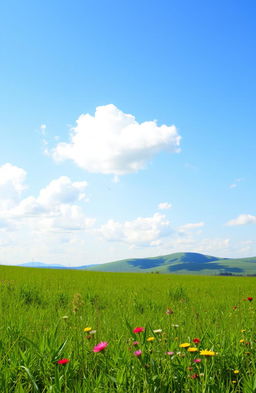 A serene landscape featuring passing fluffy white clouds drifting across a bright blue sky