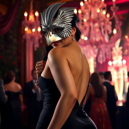 A tall Latina woman at a masquerade, exuding grace and elegance