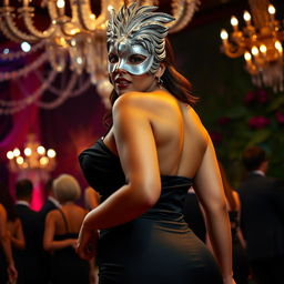 A tall Latina woman at a masquerade, exuding grace and elegance