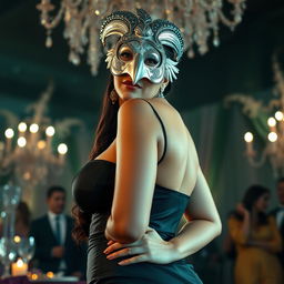 A tall Latina woman at a masquerade, exuding grace and elegance