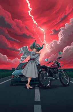 A girl with ethereal wings and a boy with a prominent horn tenderly hugging each other on a road, where a car and bike have collided, showcasing the aftermath of the accident