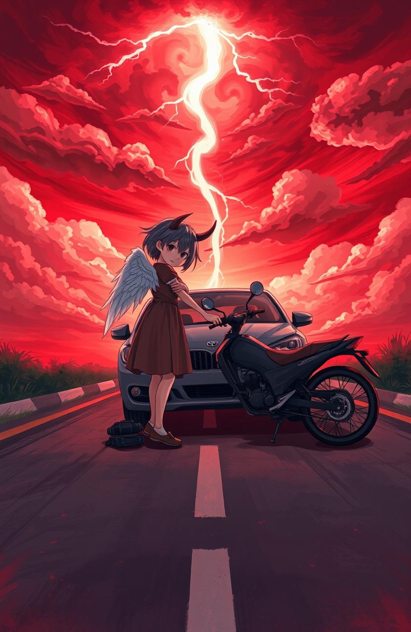 A girl with ethereal wings and a boy with a prominent horn tenderly hugging each other on a road, where a car and bike have collided, showcasing the aftermath of the accident