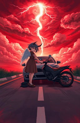A girl with ethereal wings and a boy with a prominent horn tenderly hugging each other on a road, where a car and bike have collided, showcasing the aftermath of the accident