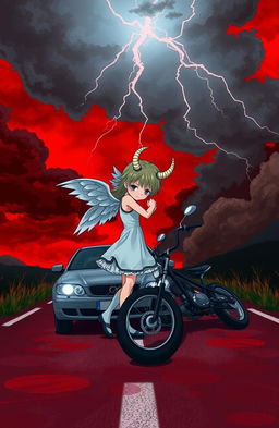 A girl with ethereal wings and a boy with a prominent horn tenderly hugging each other on a road, where a car and bike have collided, showcasing the aftermath of the accident