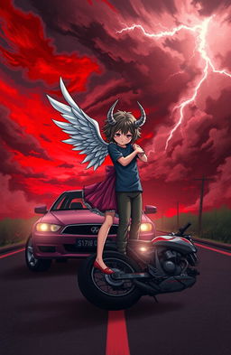 A girl with ethereal wings and a boy with a prominent horn tenderly hugging each other on a road, where a car and bike have collided, showcasing the aftermath of the accident