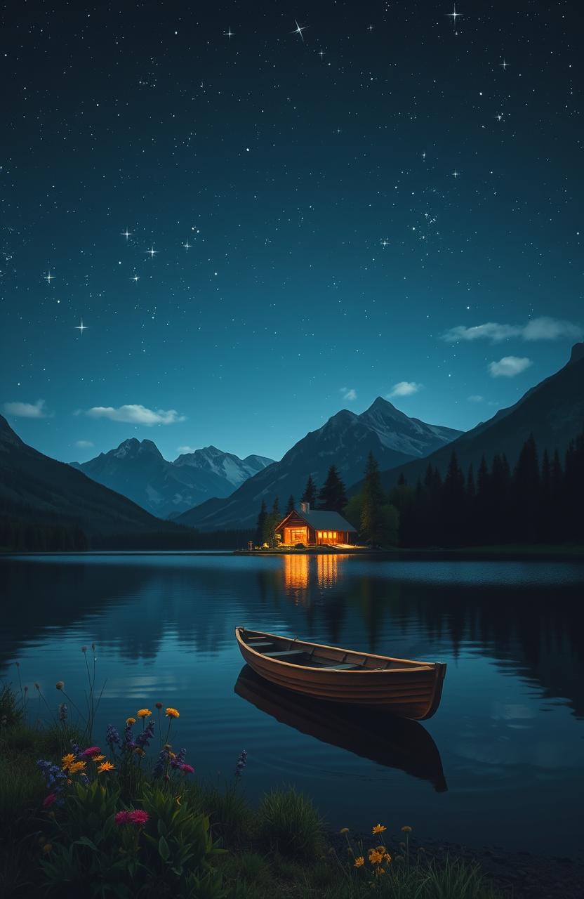 A serene night scene depicting a peaceful lake under a starry sky, with reflections of shimmering stars on the water