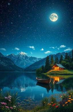 A serene night scene depicting a peaceful lake under a starry sky, with reflections of shimmering stars on the water