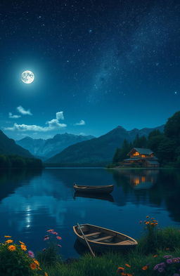 A serene night scene depicting a peaceful lake under a starry sky, with reflections of shimmering stars on the water