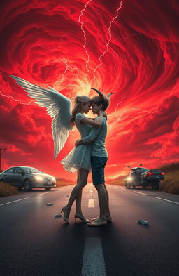 A beautiful fantasy scene featuring a girl with delicate angelic wings and a boy with a prominent horn, passionately hugging in the middle of a road where an accident has occurred between a car and a bike