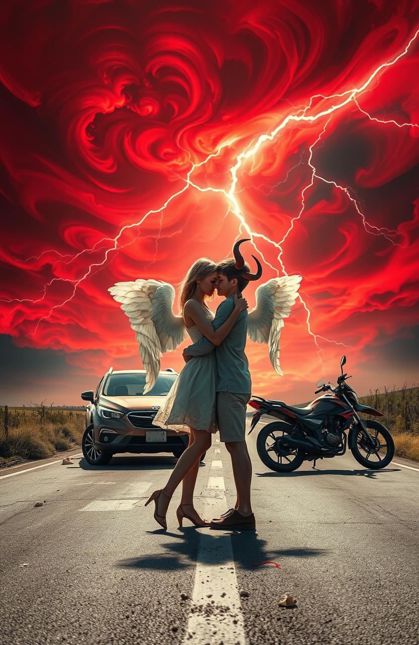 A beautiful fantasy scene featuring a girl with delicate angelic wings and a boy with a prominent horn, passionately hugging in the middle of a road where an accident has occurred between a car and a bike