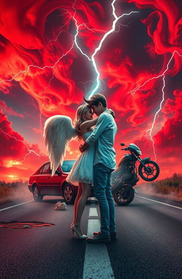 A beautiful fantasy scene featuring a girl with delicate angelic wings and a boy with a prominent horn, passionately hugging in the middle of a road where an accident has occurred between a car and a bike