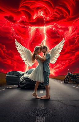 A beautiful fantasy scene featuring a girl with delicate angelic wings and a boy with a prominent horn, passionately hugging in the middle of a road where an accident has occurred between a car and a bike