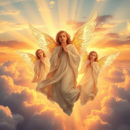 A breathtaking scene of ethereal angels rising gracefully into the sky, surrounded by soft clouds and beams of golden sunlight