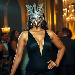 A stunning tall and curvy Latina woman at a masquerade ball, exuding grace and elegance