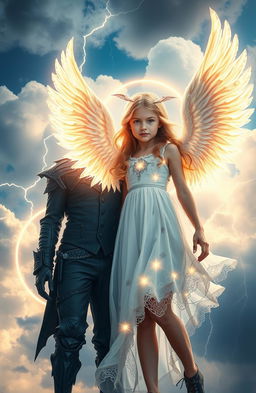 A beautiful angelic girl with glowing wings representing heaven, contrasted with a dark, brooding boy embodying hell, both standing together amidst a dramatic sky filled with passing clouds and flashes of thunder