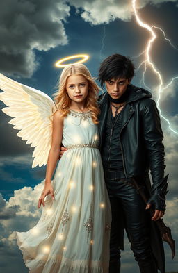 A beautiful angelic girl with glowing wings representing heaven, contrasted with a dark, brooding boy embodying hell, both standing together amidst a dramatic sky filled with passing clouds and flashes of thunder