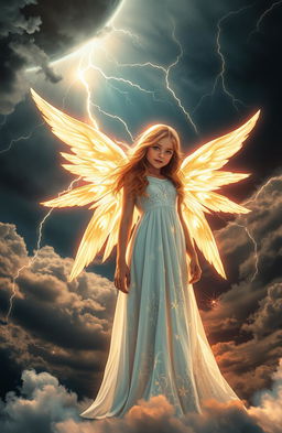 A beautiful angelic girl with glowing wings representing heaven, contrasted with a dark, brooding boy embodying hell, both standing together amidst a dramatic sky filled with passing clouds and flashes of thunder