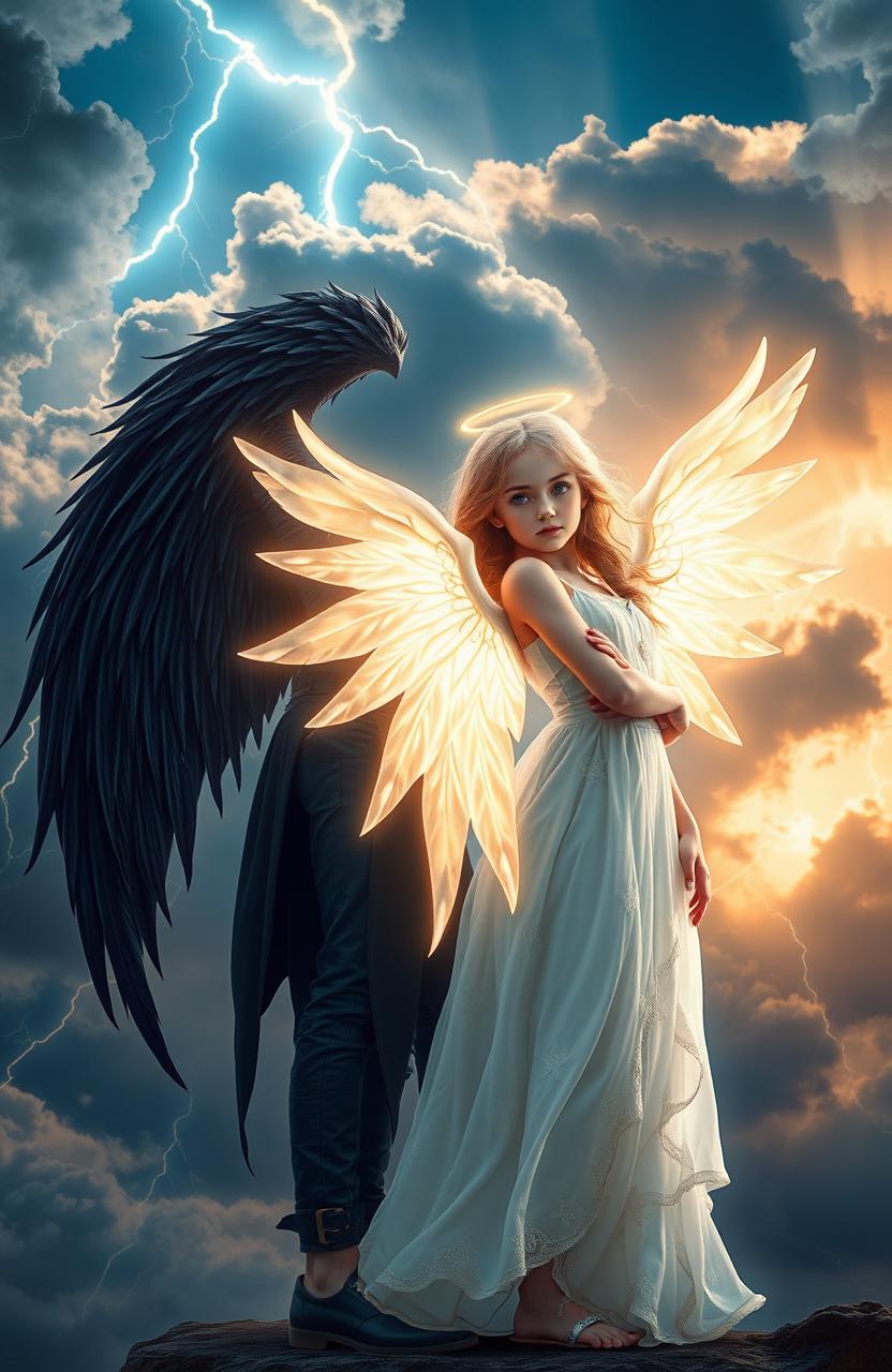 A beautiful angelic girl with glowing wings representing heaven, contrasted with a dark, brooding boy embodying hell, both standing together amidst a dramatic sky filled with passing clouds and flashes of thunder