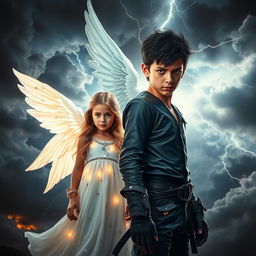 A surreal and captivating scene featuring a radiant angelic girl symbolizing heaven, with ethereal glowing wings and wearing a flowing white dress embellished with silver stars, standing beside a mysterious, dark-haired boy who embodies hell