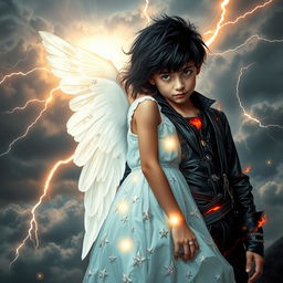 A surreal and captivating scene featuring a radiant angelic girl symbolizing heaven, with ethereal glowing wings and wearing a flowing white dress embellished with silver stars, standing beside a mysterious, dark-haired boy who embodies hell