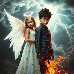 A surreal and captivating scene featuring a radiant angelic girl symbolizing heaven, with ethereal glowing wings and wearing a flowing white dress embellished with silver stars, standing beside a mysterious, dark-haired boy who embodies hell