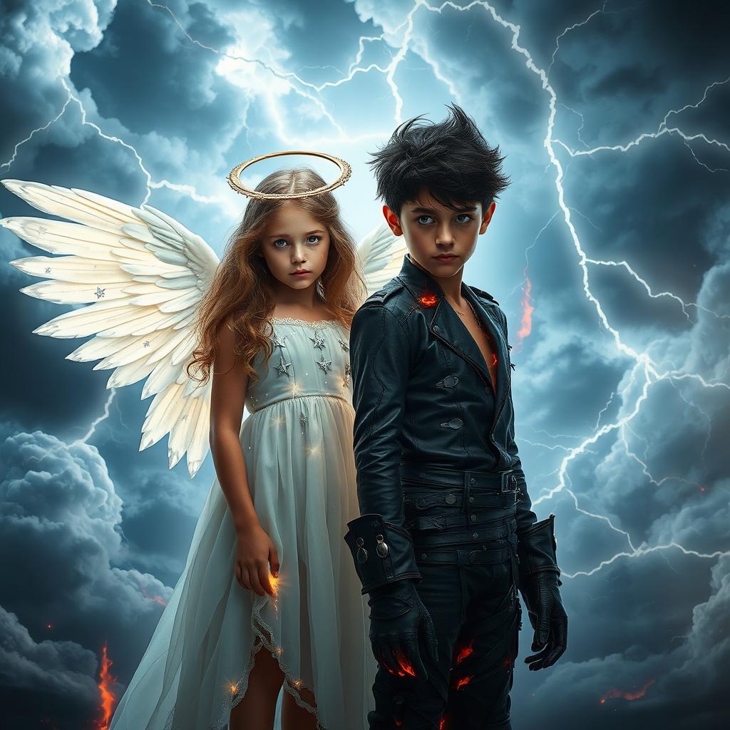 A surreal and captivating scene featuring a radiant angelic girl symbolizing heaven, with ethereal glowing wings and wearing a flowing white dress embellished with silver stars, standing beside a mysterious, dark-haired boy who embodies hell