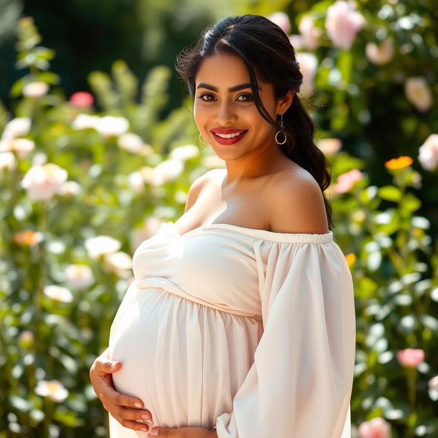 A beautifully styled portrait of a pregnant woman, highlighting her glowing skin and serene expression
