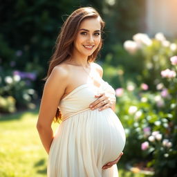 A beautifully styled portrait of a pregnant woman, highlighting her glowing skin and serene expression