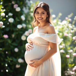 A beautifully styled portrait of a pregnant woman, highlighting her glowing skin and serene expression