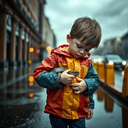 A sad young boy walking in the rain, holding his pet turtle