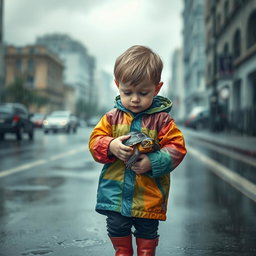 A sad young boy walking in the rain, holding his pet turtle