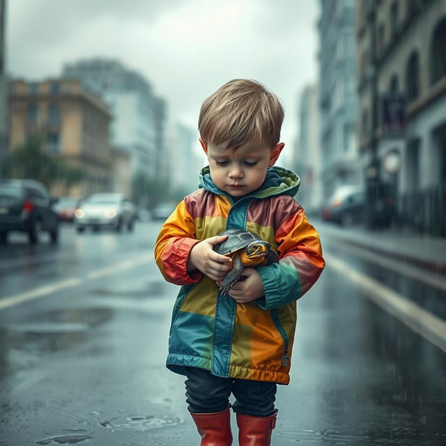A sad young boy walking in the rain, holding his pet turtle