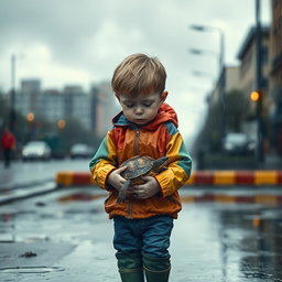 A sad young boy walking in the rain, holding his pet turtle