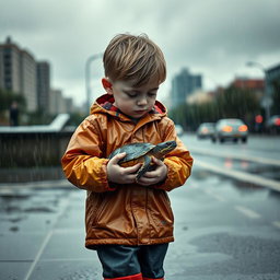 A sad young boy walking in the rain, holding his pet turtle