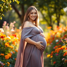 A beautiful young woman with a glowing complexion, dressed in a flowing, elegant gown that gently accentuates her baby bump