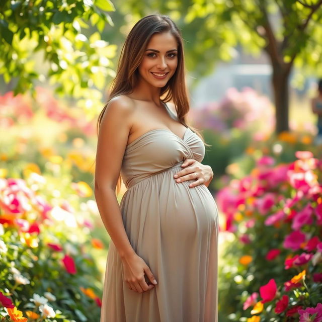 A beautiful young woman with a glowing complexion, dressed in a flowing, elegant gown that gently accentuates her baby bump