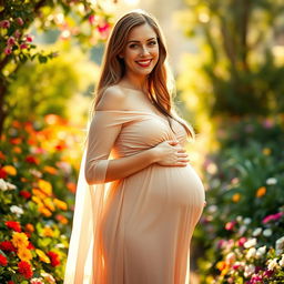 A beautiful young woman with a glowing complexion, dressed in a flowing, elegant gown that gently accentuates her baby bump