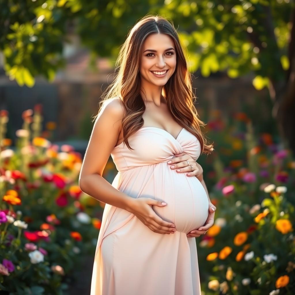 A beautiful young woman with a glowing complexion, dressed in a flowing, elegant gown that gently accentuates her baby bump