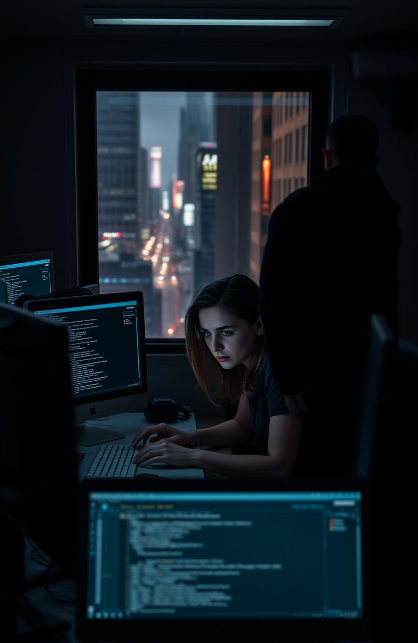 A moody and suspenseful scene showcasing Marine, an introverted app developer, in her modern tech-filled workspace surrounded by computer screens displaying code and user interface designs for her dating app, MatchMate