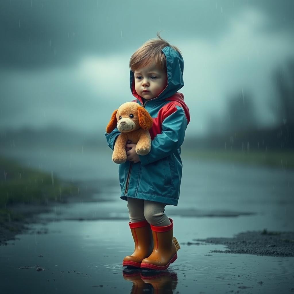 A sad child walking in the rain, carrying a plush puppy