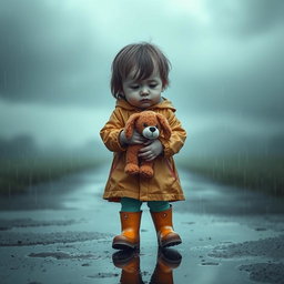 A sad child walking in the rain, carrying a plush puppy