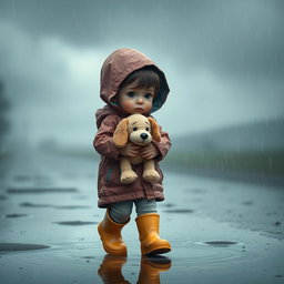 A sad child walking in the rain, carrying a plush puppy