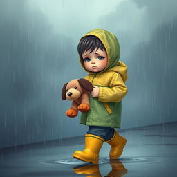 A sad child walking in the rain, carrying a plush puppy