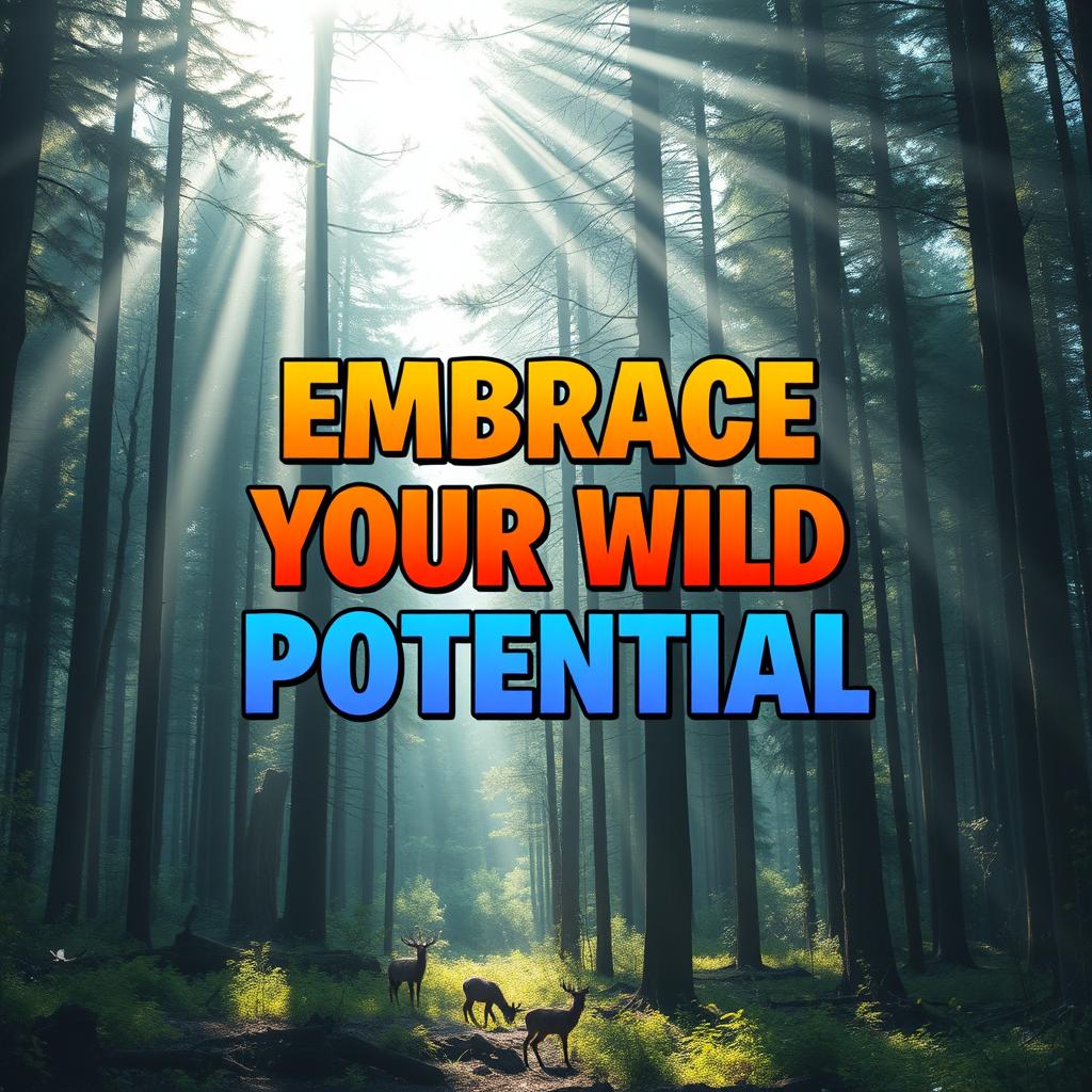 A breathtaking forest scene with rays of sunlight filtering through tall trees, creating an atmosphere of adventure and possibility