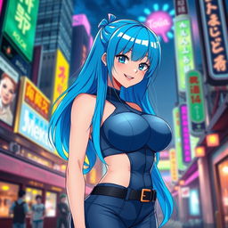 An anime woman with vibrant blue hair cascading down her back, wearing a stylish and form-fitting outfit that accentuates her very large breasts