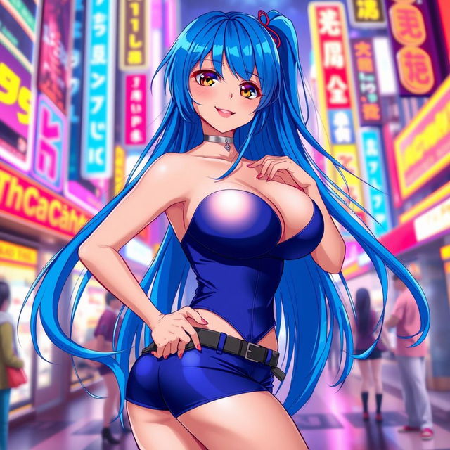 An anime woman with vibrant blue hair cascading down her back, wearing a stylish and form-fitting outfit that accentuates her very large breasts