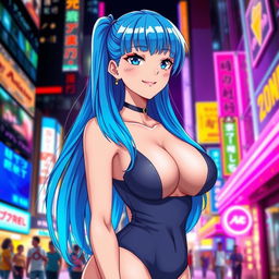 An anime woman with vibrant blue hair cascading down her back, wearing a stylish and form-fitting outfit that accentuates her very large breasts