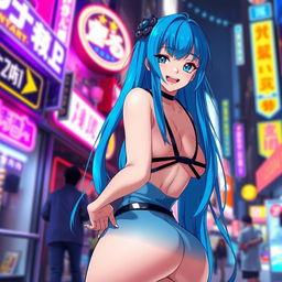 An anime woman with vibrant blue hair cascading down her back, wearing a stylish and form-fitting outfit that accentuates her very large breasts