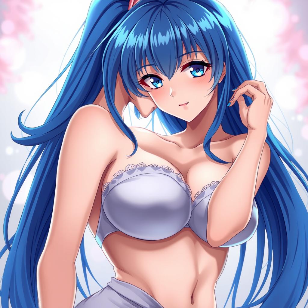 An anime woman with vibrant blue hair, large voluptuous breasts, engaged in a passionate, romantic pose